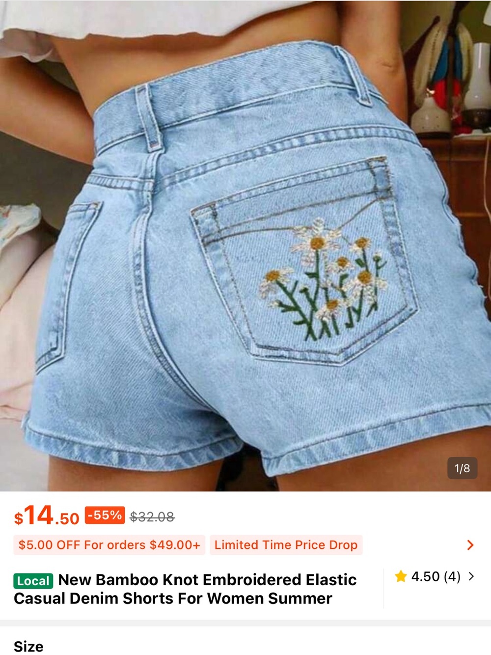 SHEIN Light Blue Embroidered Denim Shorts with Floral Back Pocket